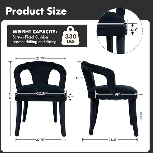 Black Velvet Dining Chairs Set of 6, Modern Upholstered Accent Chairs with Curved Back & Arms, Comfy Large Fully Upholstered Side Chair for Living Room