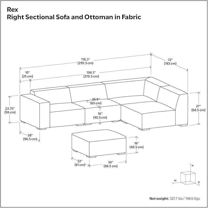 SIMPLIHOME Rex Right Corner Sectional Modular Sofa and Ottoman Set in 100% Recycled Polyester Tightly Woven Performance Fabric, Pale Grey, 116-inch-wide L-Shaped Sofa and 34-inch-Wide Ottoman