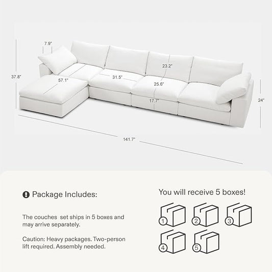 Modular Sectional Sofa, 141.7" L Shaped Modern Sofa Modular Sectional Cloud Couch with Ottoman, Modern Cloud Sectional Couches for Living Room, Deep Seat Sofa with Washable Cover