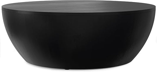SIMPLIHOME Elmbrook Coffee Table - 34 inch Wide Solid Mango Wood Modern Industrial Round Drum Cocktail Table in Black, Sculptural Living Room Table with Low Profile Design, Assembled