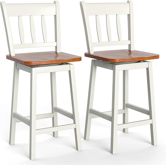 COSTWAY Bar Stools Set of 2, 24.5 Inch Rubber Wood Bar Chairs with 360°Swiveling, Footrest, Swivel Counter Height Barstools Ideal for Kitchen Island, Counter, Pub or Bar (2, White)