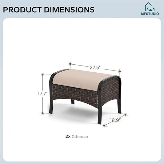 MFSTUDIO Outdoor Patio Furniture Set, 2 Piece Rattan Wicker Outdoor Ottoman, Metal Patio Ottoman for Garden Backyard