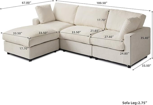 WJShome Modular Sectional Cloud Couch Modern L Shaped Sofa with Ottoman, 100 Inch 3-Seat Chenille Deep Seat Couches for Living Room, Bedroom and Apartment，Beige