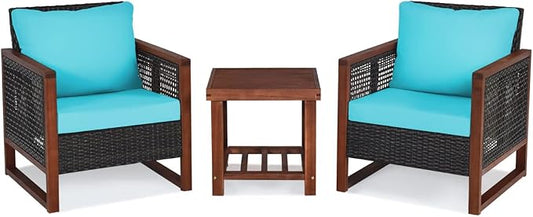 COSTWAY 3 Pieces Wicker Patio Furniture Set, Outdoor Wicker Sofa with Acacia Wood Frame, Coffee Table & Washable Cushions, Rattan Conversation Sets for Yard, Porch, Bistro Balcony Backyard, Turquoise