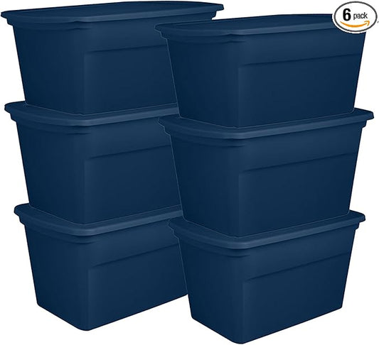 Sterilite 6-Pack Tote, Plastic Storage Bins with Snap Lids, 30 Gallon, Marine Blue - Stackable Home Organizers with In-Molded Handles for Bedroom, Garage, Basement and Attic