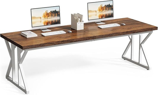 LITTLE TREE 78.7 Inch Large Executive Desk, Modern Computer Office Desk, Wooden Writing Desk Study Table for Home Office, Rustic Brown-White