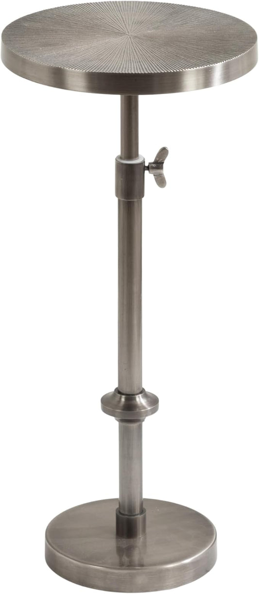 Kate and Laurel Engles Traditional Adjustable-Height Pedestal Drink Table; 10 x 10 x 30; Antique Silver; Vintage Round Indoor Metal Plant Stand with Embossed Sunburst Pattern