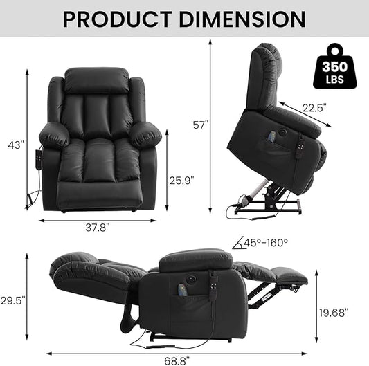 TEKAMON Power Lift Recliner Chair for Elderly with Heat & Massage, Dual Motor Breathable Leather Recliner, Lay Flat Sleeping Chairs with Infinite Position, Remote Control & USB Type-c Ports(Black)