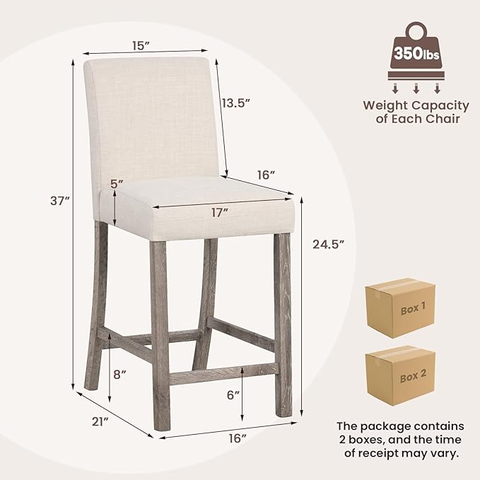 COSTWAY Counter Height Bar Stools Set of 4, 24.5’’ Upholstered Mid Century Modern Island Chairs with Rubber Wood Legs, Wooden Barstools for Kitchen, Dining Room, Bar, Restaurant (Beige)