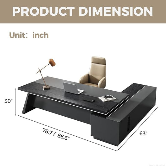 Modern L Shape Executive Desk with Storage Drawers – Large Black Corner Office Table for Home Workspace, Spacious Executive Desk with Cabinets (Black/Left, 87" L * 63" W * 30" H)