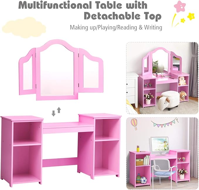 GOFLAME Kids Vanity Table, 2 in 1 Detachable Design with Dressing Table and Writing Desk, Princess Makeup Dressing Table with 4 Large Storage Shelves and 3-Panel Mirror for Kids and Girls (Pink)