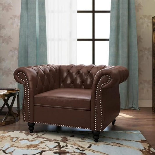 Living Room Chair, Modern Leather Chesterfield Sofa Chair, Mid Century Single Sofa Couch Chair with Tufted Back and Rolled Arms, Accent Sofa Chair for Living Room Apartment, Brown