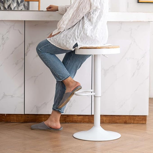 Kidol & Shellder White Bar Stools Set of 6 Adjustable Swivel Backless Barstools Modern Round Counter Height Stools Wooden Seat Armless Bar Chairs for Kitchen Island, Cafe, Dining Room