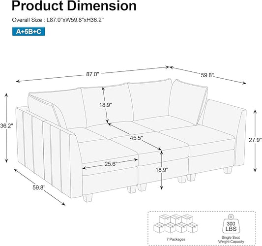 Belffin Modular Sectional Sofa Chenille Sleeper Sectional Couch with Storage Modular Sofa Bed for Living Room, 6 Seats, Light Grey