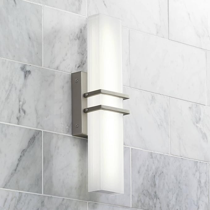 Possini Euro Design Exeter Modern Wall Lights Set of 2 Brushed Nickel Silver Hardwired 4 1/2" LED Fixture White Rectangular Glass Shade for Bedroom Bathroom Vanity Living Room Home Hallway Dining