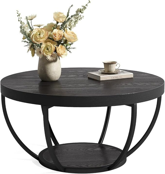 LITTLE TREE Round Coffee Table, 32" Circle Coffee Table for Living Room, 2-Tier Wood Accent Center Table with Open Storage Industrial Design Home Furniture (Black)