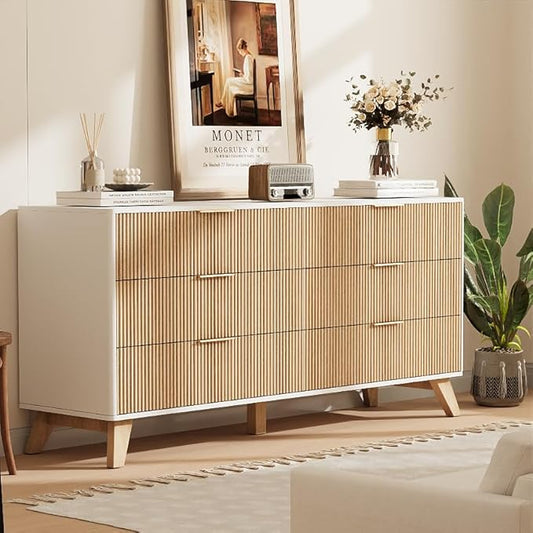 6 Drawer Dresser, 53.43 Inch Fluted Wood Double Dresser with Metal Handles Curved Design Wide Storage Organizer Cabinet Mid Century Modern Chest Dressers for Bedroom Living Room Entryway