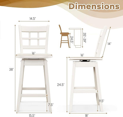 COSTWAY Swivel Bar Stools Set of 4, 24.5 Inch Counter Height Bar Chairs w/Hollow Backrest & Contoured Seat, Wooden Barstools w/Footrest for Kitchen Island, Pub, Bistro, Cafe (4, White)