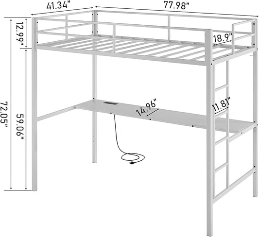 Karl home Twin Metal Loft Bed with Desk, with Power Outlet and LED Lighted, Safety Guardrail & Ladder, Space Saving, No Noise, No Box Spring Needed, White