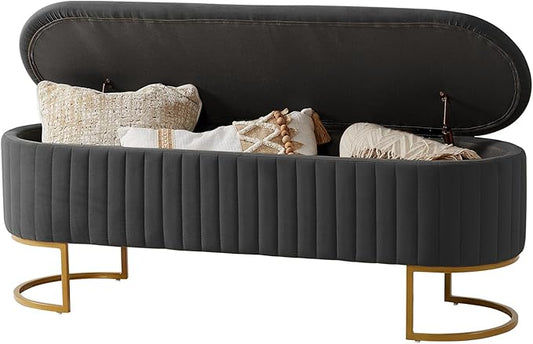 EcoHarbor Living 50.5" Storage Bench Velvet Bedroom Ottoman,Upholstered End of Bed Bench with Gold Legs,Flipping Lid Entryway Footrest, Grey