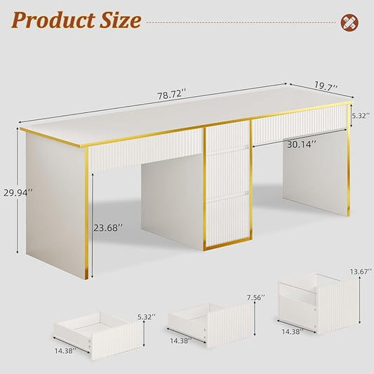 4 EVER WINNER Two Person Desk with Drawers, 78.72 Inch Extra Long Computer Desk with 5 Storage Drawers, Study Writing Desk with Storage Shelves for Home Office, White and Gold Desk