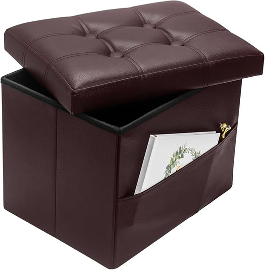 Storage Ottoman Foot Rest Stool, Small Leather Storage Ottomans Bench, Folding Footstool with Side Pockets, Foot Rest Under Desk for Living Room Bedroom, 17x13x13 in, Brown