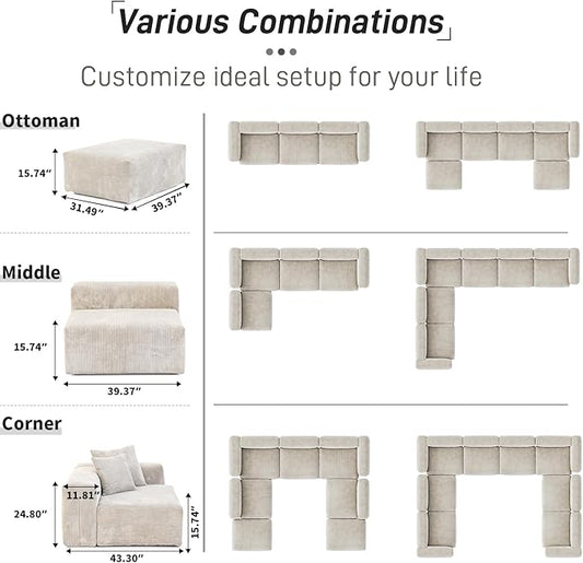 WJShome Cloud Couch Modular Sectional Sofa,102inch L Shaped Sofa with Ottoman,Beige 3 Seater Corduroy Couch,Convertible Sectional Sofa for Living Room,Cushion Covers Removable& Washable