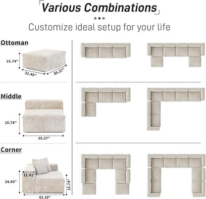 WJShome Oversized Modular Sectional Sofa with Ottomans,6 Seater Corduroy V Shaped Reversible Corner Couch,141.73" Convertible Sofa & Couch Free Combination for Living Rooom,Beige