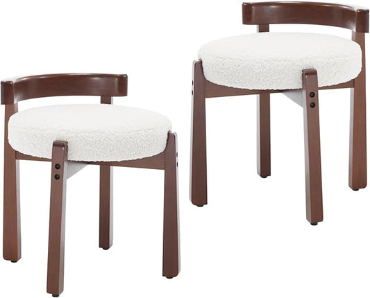 Modern Vanity Chair Upholstered Small Ottoman Footstool, Make Up Stool Sherpa Fabric with Backrest Wooden Frame for Living Room Bedrooms, 2PCS, White