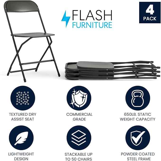 Flash Furniture Hercules Series Plastic Folding Chairs for Parties and Weddings, Stackable Commercial Event Seats with 650-lb. Static Weight Capacity, Set of 4, Black