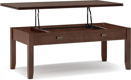 SIMPLIHOME Artisan Coffee Lift Top Table - 46 inch Wide Solid Wood Contemporary Cocktail Table in Russet Brown, Living Room with Hidden Storage Compartment, Open Shelf, and Square Knobs