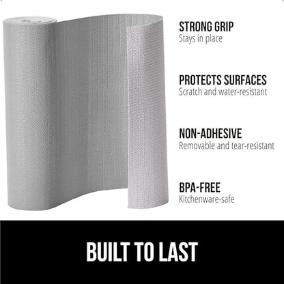 GORILLA GRIP Slip Resistant Drawer and Shelf Liner 2 Pack, Non Adhesive Water Resistant, Easy Clean and Trim, Smooth Surface Liners for Kitchen Cabinet Shelves Drawers Pantry 12 IN x 10 FT, Light Gray