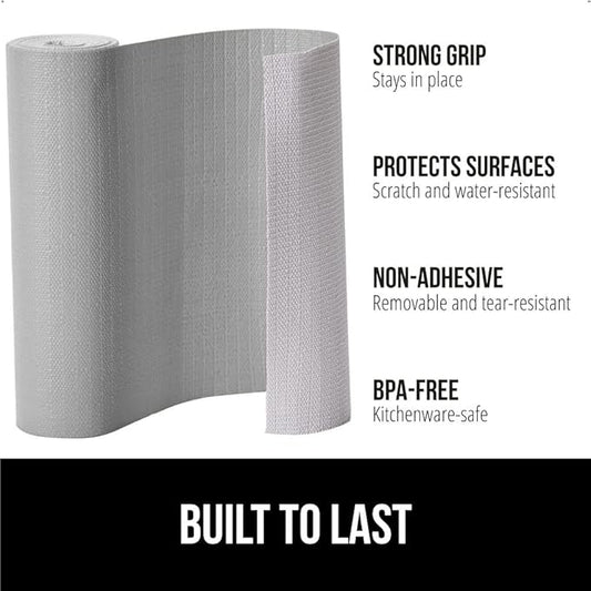 GORILLA GRIP Slip Resistant Drawer and Shelf Liner 2 Pack, Non Adhesive Water Resistant, Easy Clean and Trim, Smooth Surface Liners for Kitchen Cabinet Shelves Drawers Pantry 12 IN x 10 FT, Light Gray