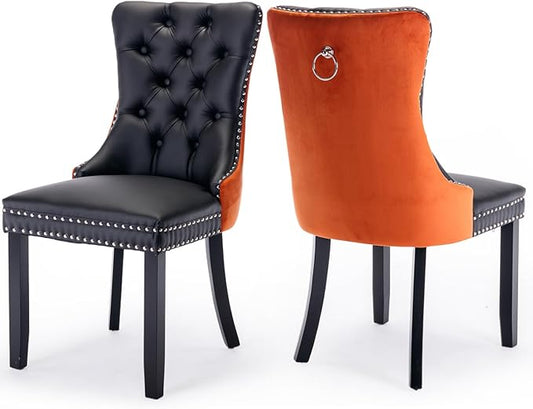 PU Upholstered Dining Chairs Set of 2, Modern Style Kitchen Side Chairs with Nailhead Trim and Wood Leg, Metal Pulling Ring for Dining Room Living Room(Black&Orange,Set of 2)
