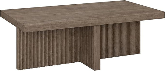 Henn&Hart 44" Fluted Rectangular Wood Pedestal Low-Profile Coffee Table for Living Room, Family Room or Office, Antiqued Gray Oak
