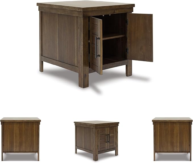 Signature Design by Ashley Moriville Rustic Farmhouse Rectangular End Table with Dual Cabinet Doors, Antique Bronze-Tone Hardware, Wood, 25" High, Brown