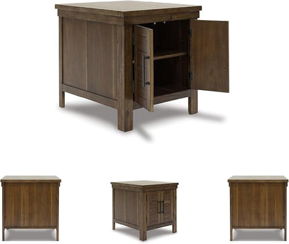 Signature Design by Ashley Moriville Rustic Farmhouse Rectangular End Table with Dual Cabinet Doors, Antique Bronze-Tone Hardware, Wood, 25" High, Brown