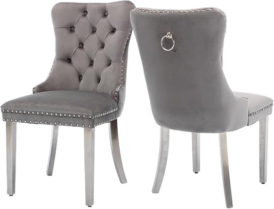 Velvet Upholstered Dining Chairs Set of 2, Modern Style Kitchen Side Chairs with Nailhead Trim and Silver Plated Leg, Metal Pulling Ring for Dining Room Living Room(Gery-Silver Plated Leg)