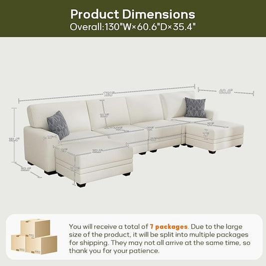 Wanderwell Oversized Modular Sectional Sofa, 6-Seater U Shaped Couches with Movable Ottoman,Corduroy Sectional Couch with Wide and Deep Seats Suitable for Living Room,Bedroom,Apartment (Cream, U-6)