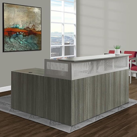 NBF Reversible L-Shaped Executive Office Desk - Durable Laminate Computer Desk with Privacy Hutch - Modern Desk with Storage and File Cabinet - Office Work Desk (Brown) - 65.76"D x 74.25"W x 41.85"H