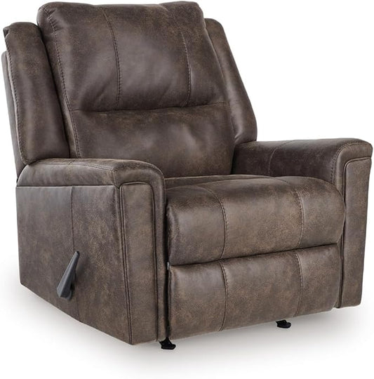 Signature Design by Ashley Skymaker Modern Faux Leather Manual Rocker Recliner with Track Arms, Dark Brown
