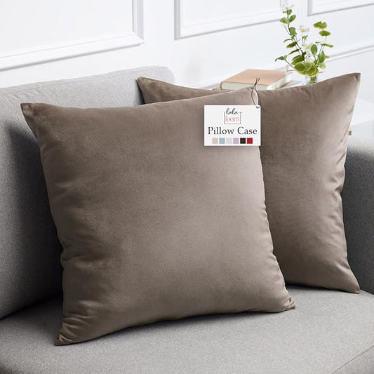 lalaLOOM Velvet Throw Pillow Covers, Set of 2, 20x20 Decorative Square Pillows Home Decor, Soft Accent Cases, Silky Machine Washable Pillowcases for Sofa, Couch, Bedroom, Living Room, Taupe