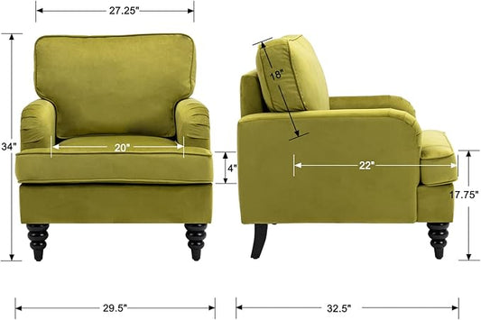 Velvet Upholstered Accent Chair Modern Single Sofa Chair with Thick Removable Back Cushion and Black Printed Legs Armchair for Living Room/Bedroom/Reading Room, Olive Green