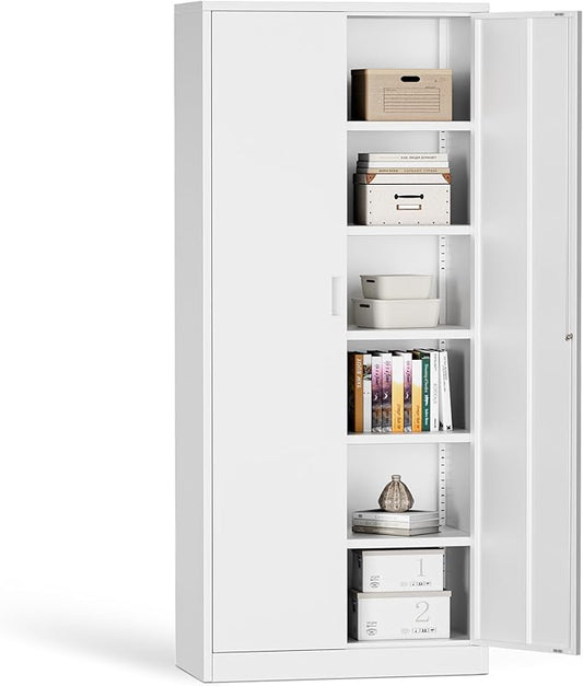 Steel SnapIt Cabinet, 71 Inch Metal Storage Cabinet with Locking Doors and 5 Adjustable Shelves, Garage Cabinet, Tool Cabinets for Office and Home Use (White)