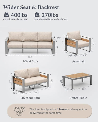 ZANDOR Outside Aluminum Lawn Furniture - 1 Pcs Loveseat, All-Weather Metal Modern Outdoor Loveseat Sofa with Washable Thick Cushion for Garden/Backyard/Porch, Silver