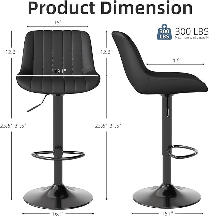Youhauchair Bar Stools Set of 2, Swivel Counter Height Barstools with Back, Adjustable PU Leather Bar Chairs, Modern Armless Kitchen Island Stool, Black