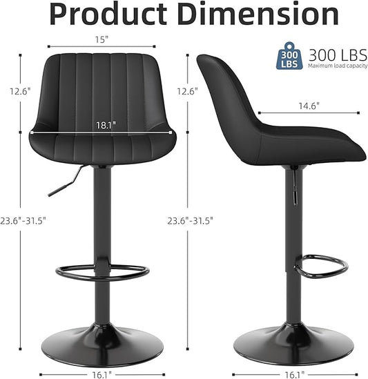 Youhauchair Bar Stools Set of 2, Swivel Counter Height Barstools with Back, Adjustable PU Leather Bar Chairs, Modern Armless Kitchen Island Stool, Black