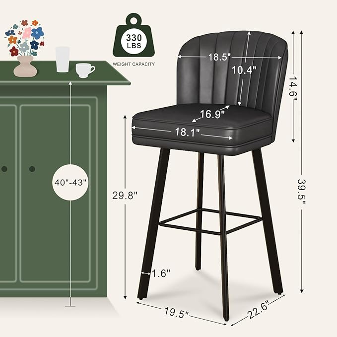 Swivel Counter Height Bar Stools Set of 3, 30'' Modern Barstools with Backs and Metal Legs, Upholstered Bar Chairs, Faux Leather Black Stools for Kitchen Island Chairs