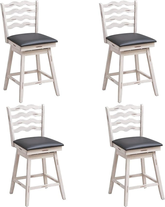 COSTWAY Bar Stools Set of 4, 25” 360° Swivel Counter Height Chairs with Rubber Wood Frame, Cushioned Seat, Ergonomic Backrest & Footrest, Wooden Upholstered Barstools for Kitchen Island (4, 25”)