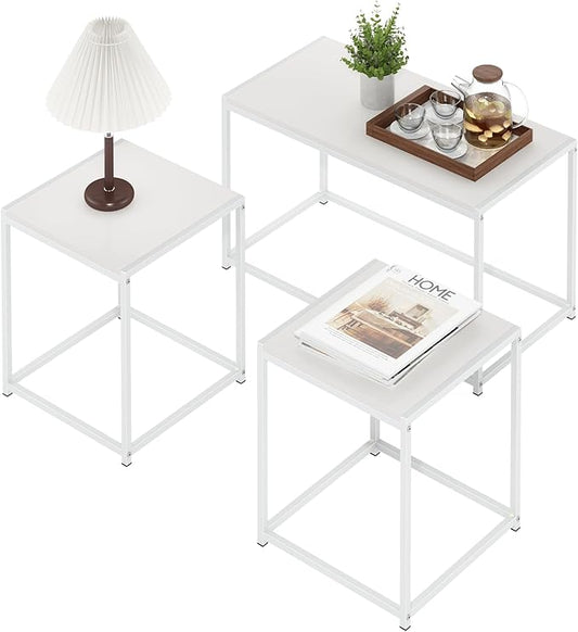 Furinno CAMNUS Living Room Tables Set of 3, Coffee Table with 2 End Tables, Side Tables, for Living Room, White